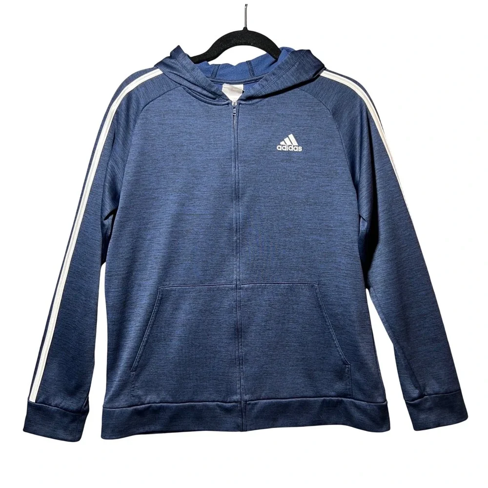 Adidas Boys XL 18/20 Navy Blue Space Dye Full Zip 3-Stripe Hoodie Jacket